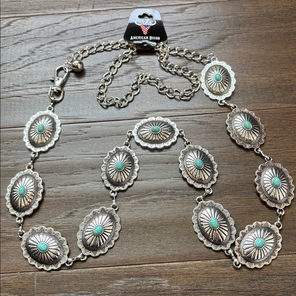 American Bison Western Chain Belt,oval silver tone conchos,faux turquoise stones